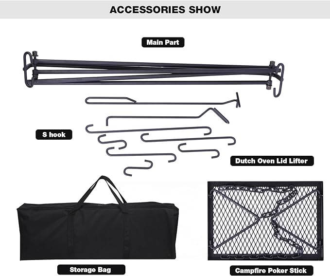 REDCAMP Swing Campfire Grill Stand - Collapsible Campfire Cooking Rack with 6 Hooks & Iron Grill