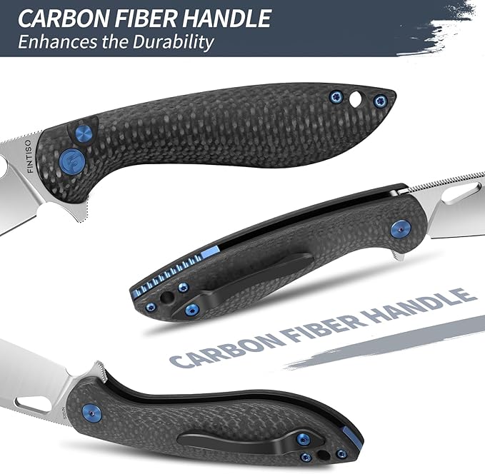 Pocket Knife, 3.1" Unique S35VN Blade Folding Knife with Button Lock, EDC Knife with Carbon Fiber