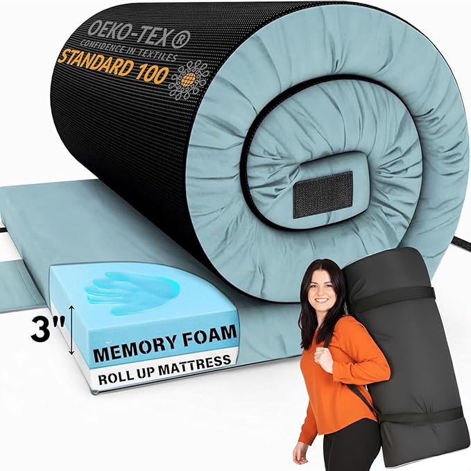Hazli Matrix Comfort-Cell Memory Foam Camping Mattress Pad - Roll Up Mattress for Adults - Portable