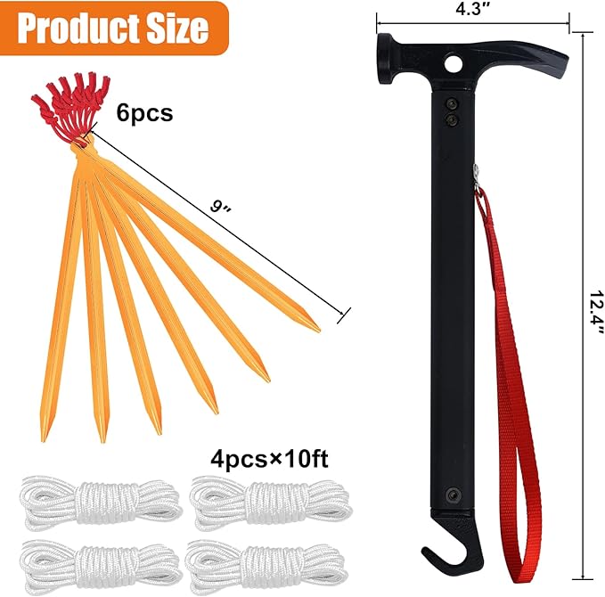 Eurmax USA Hiking Camping Tent Stakes and Hammer Set Lightweight Multi-Function Tent Hammer with