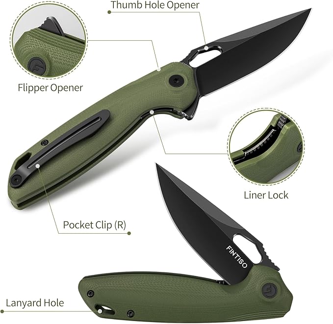 FINTISO Pocket Knife 3.38" Folding Knife Premium 14C28N Blade with G10 Handle, Camping Survival