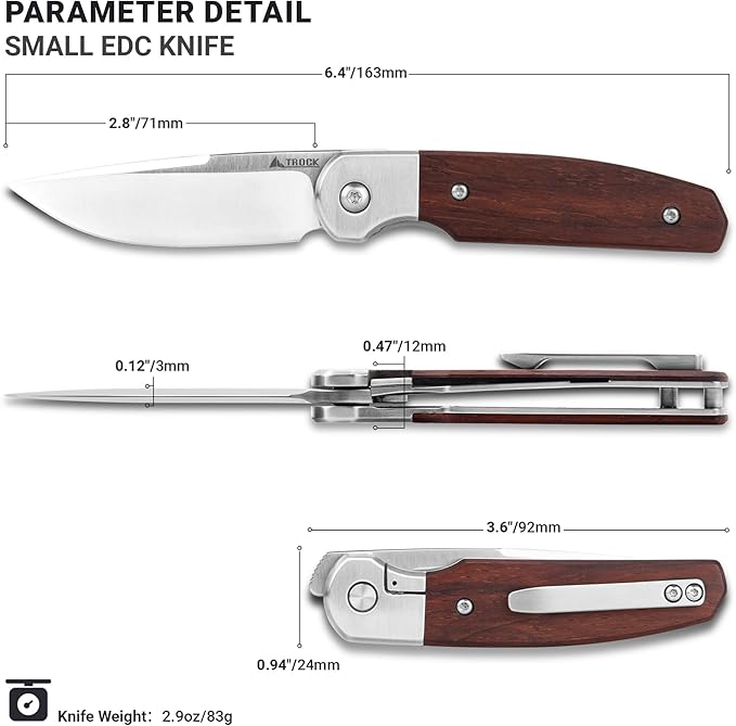Small EDC Knife 2.8", Pocket Knife D2 Steel Point Blade Wood Handle - flipper Folding Knife for Men