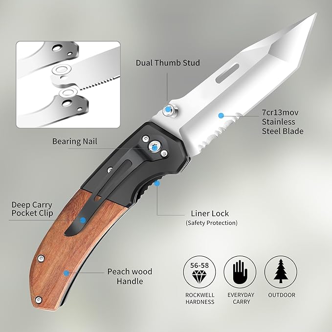 Harita Pocket Knife for Men, Folding Utility with Pocket Clip, Wood Handle EDC for Women with 3.4″