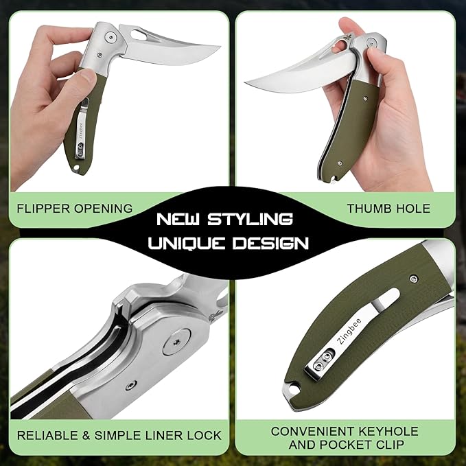 Pocket Knife with Clip, 3.7" 14C28N Blade EDC Folding Knife with Green G10 Handle, Outdoor Camping