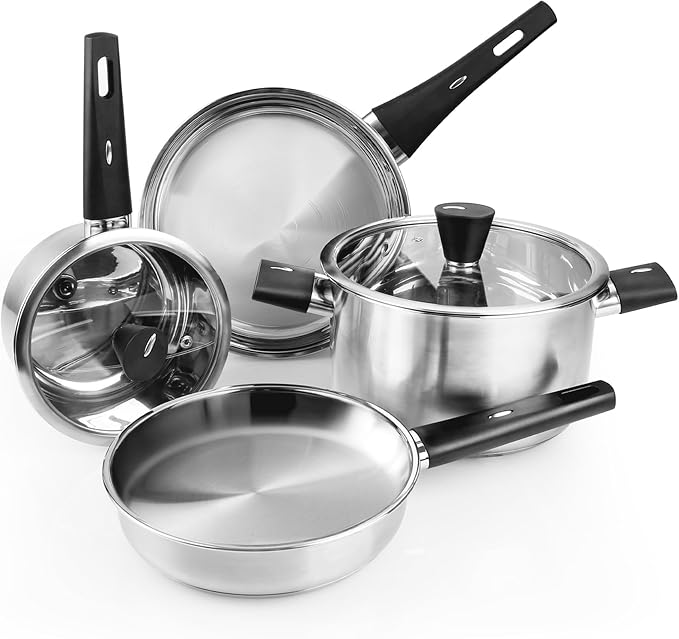 Meythway 𝐔𝐏𝐆𝐑𝐀𝐃𝐄 Stainless Steel Pots and Pans Set Non Toxic, 6PCs Kitchen Cookware Sets