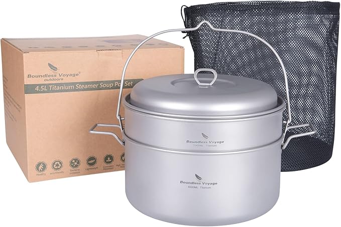 Boundless Voyage Titanium 4.5L Hanging Pot with Steaming Rack Folding Handle Outdoor Camping