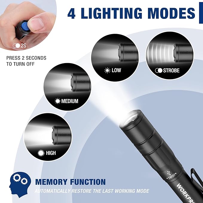 WORKPRO Rechargeable Pen Light, Mini Flashlight, 2 Pack Ultra-Compact EDC Flashlight, Pocket