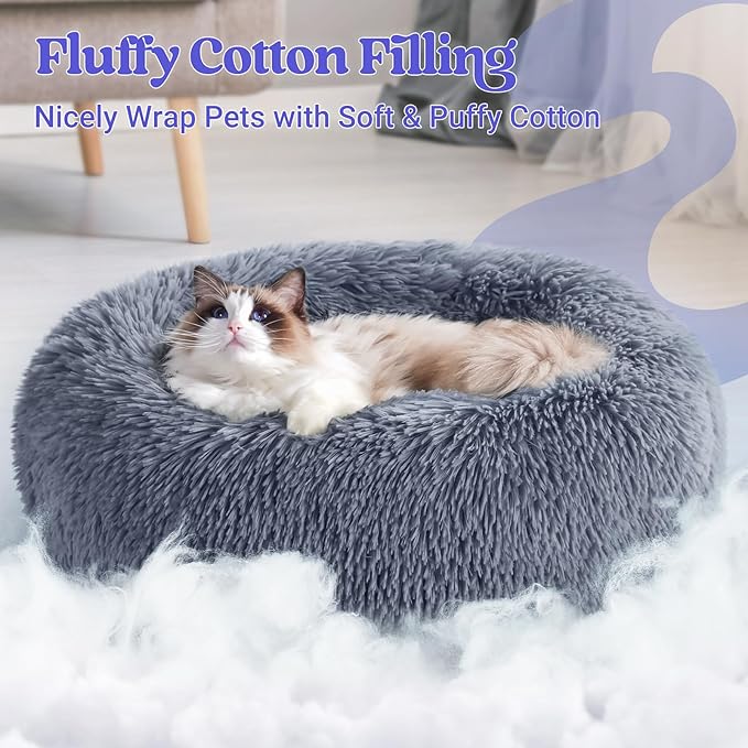 rabbitgoo Cat Beds for Indoor Cats, 20 inches Cat Bed Machine Washable, Fluffy Round Pet Bed