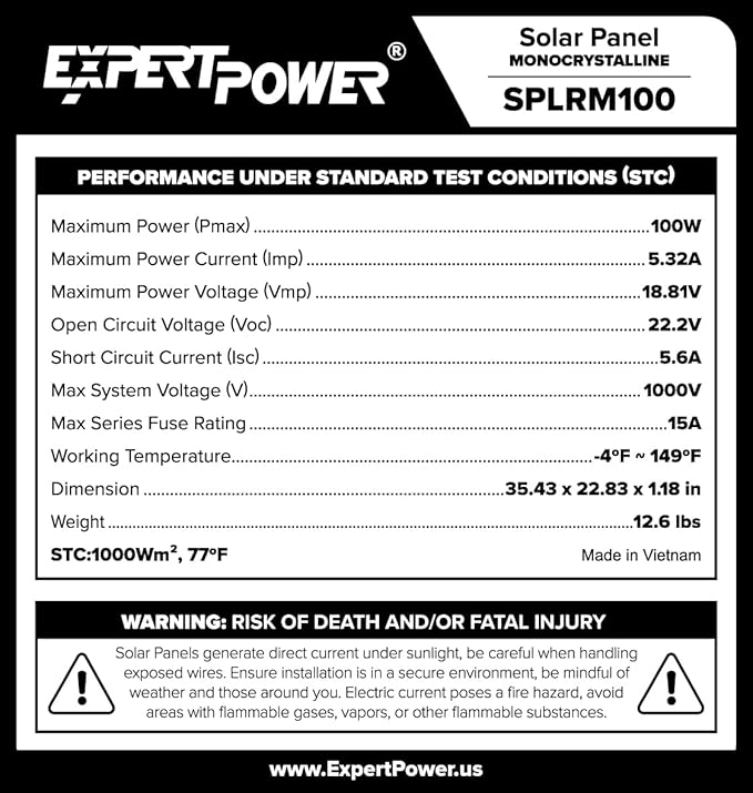 ExpertPower 100 Watt 12 Volt Monocrystalline Solar Panel, Compact Design 35.43 x 22.83 x 1.18 in