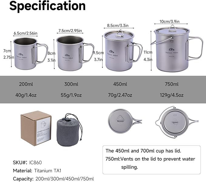 iClimb Titanium Cup Camping Coffee Mug Ultralight Compact with Foldable Handle (750ml)