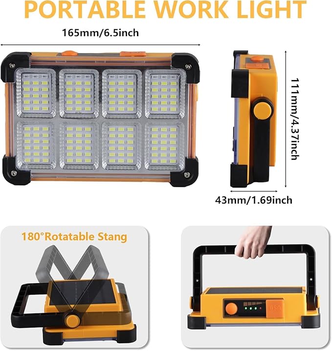 2 Pack 120W Solar Rechargeable Work Light, 144 LED 10000LM Portable Flood Light with Stand, IP66