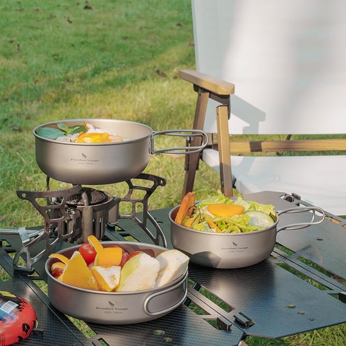 Camping Titanium Pots Set Titanium Bowl Set Outdoor Cookware Cooking Pan Pot with Folding-Handle