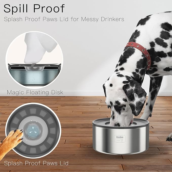 1Gallon No Spill Water Bowl for Dogs, Double-Wall Stainless Steel with Splash-Proof Paws Lid and