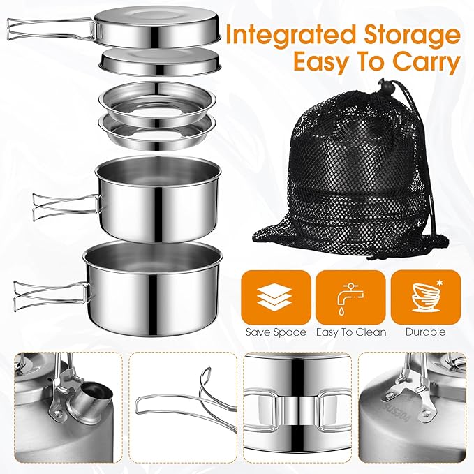 15 Pcs Camping Cookware Mess Kit Outdoor Cooking Set Stainless Steel with Pot and Pan Kit 2 Set