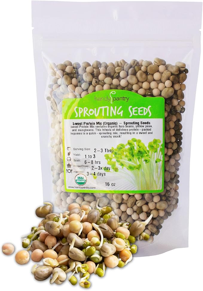 Organic Sprouting Seeds - Handy Pantry Sweet Protein Mix 1 lb. - Fava Bean, Mung Bean, & Yellow Pea