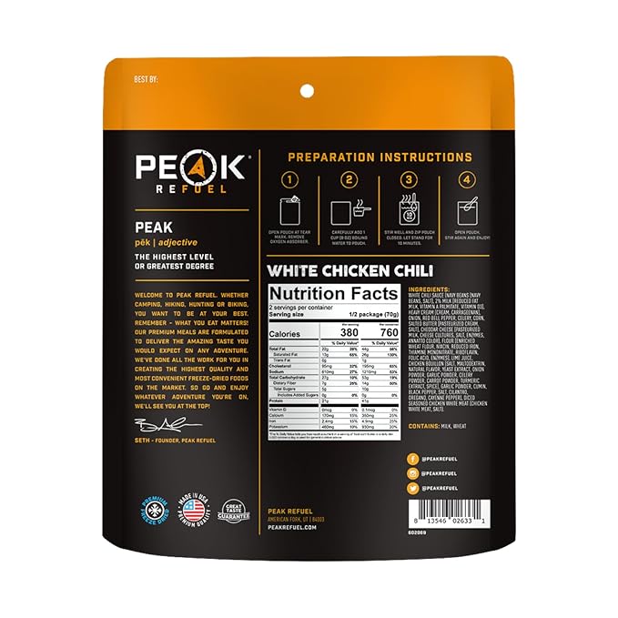 Peak Refuel White Chicken Chili | 41g Protein | 760 Calories | 100% Real Meat | Premium Freeze