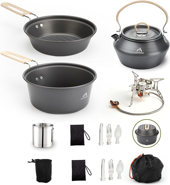 17pcs Camping Cookware Kit, 0.45Gal Pot, 7inches Pan,0.30Gal Kettle Set with 2 Set Stainless Steel