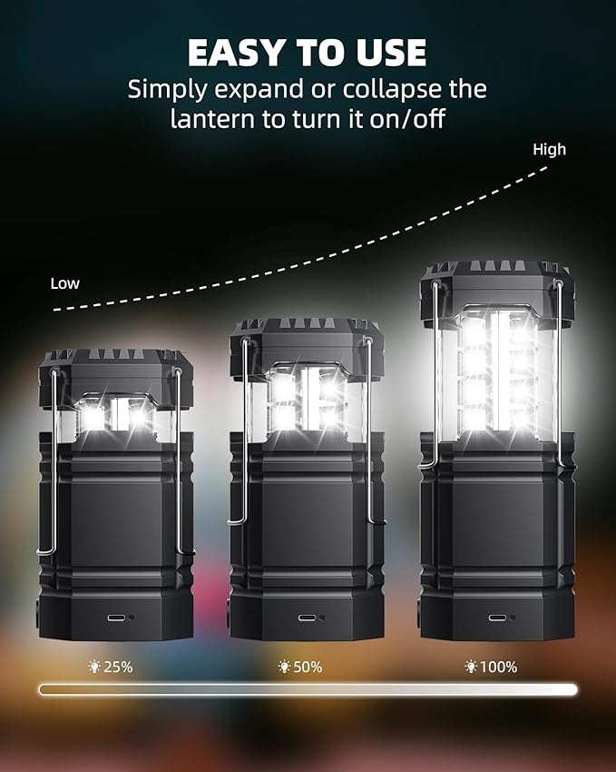 4 Pack Solar Camping Lantern with 1600mAh Rechargeable Battery, 30-Hour Runtime, 360° LED Tent