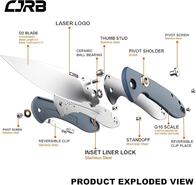 CJRB Folding Knife Feldspar Pocket Folding Knife Stonewash D2 Steel Blade G10 Tactical Handle EDC