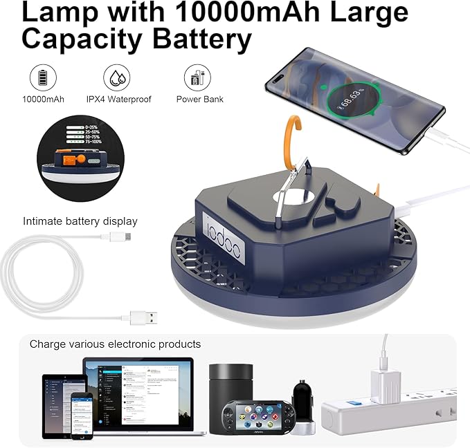 10000mAh Rechargeable 3000LM Tent Light Camping Light, 6500K 24Hours Long Play Time , Outdoor Night