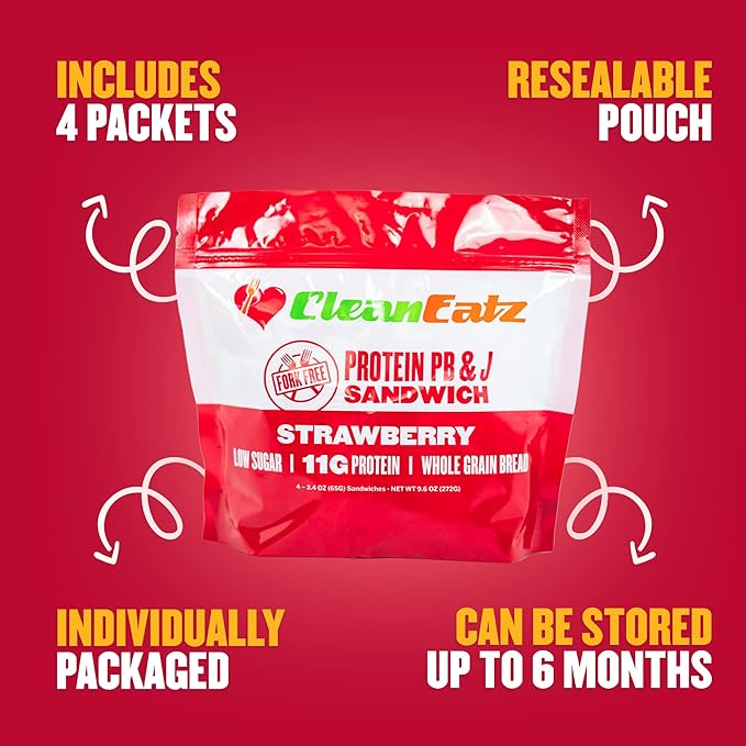 Clean Eatz PB&J Sandwich, High-Protein Strawberry – 16 Singles, Whole Grain & Low Sugar
