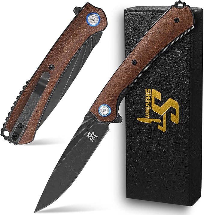 Sitivien ST144 Folding Knife,Black Stonewashed 14C28N Steel Blade,Micarta Handle Pocket Knife for