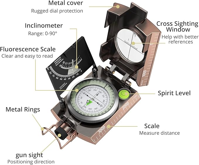 Compass Hiking Survival, IP65 Waterproof Metal Compass with Sighting Clinometer and Carry Bag
