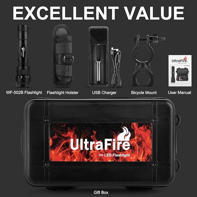 ULTRAFIRE WF-502B LED Tactical Flashlight, 5 Modes 1000 High Lumens Flashlight Torch with Duty Belt