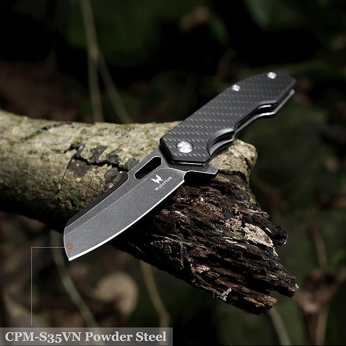 Folding Pocket Knife - 3.54'' CPM S35VN Black Steel Blade, Carbon Fiber Ergonomic Handle - Camping