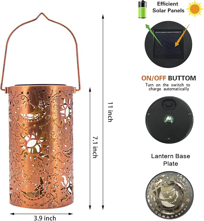 Solar Lanterns Outdoor Hanging Lantern Lights,Sun Moon Metal Decor Lanterns-Waterproof LED