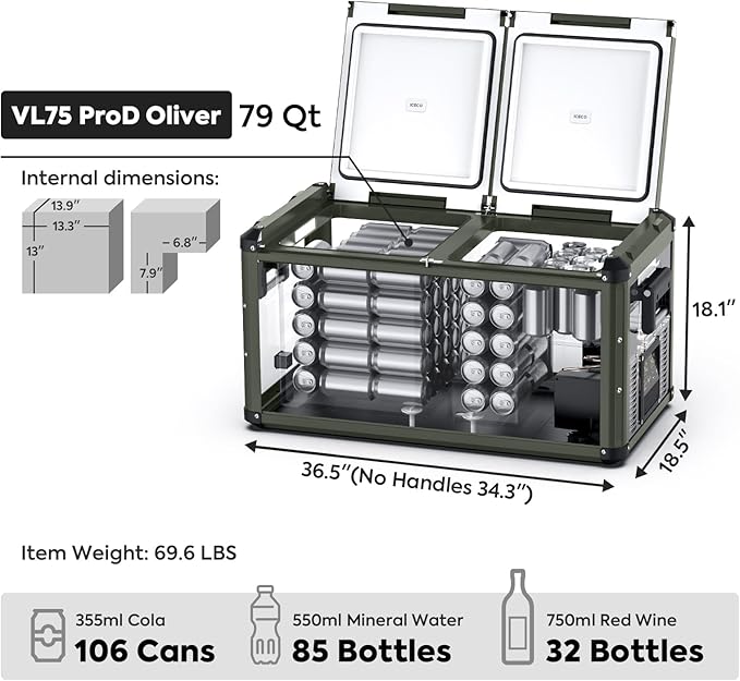 ICECO VL75 ProD 12V Refrigerator, Portable Freezer Fridge with AC/DC, 75L Dual Zone Car Fridge