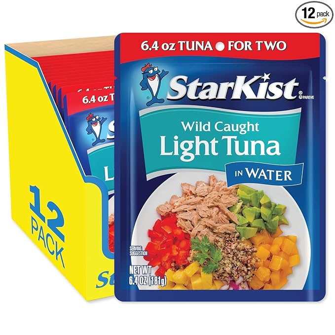 StarKist Chunk Light Tuna in Water, 6.4 oz Pouch (12 Pack) Ready to Eat Wild Caught Tuna, 19g