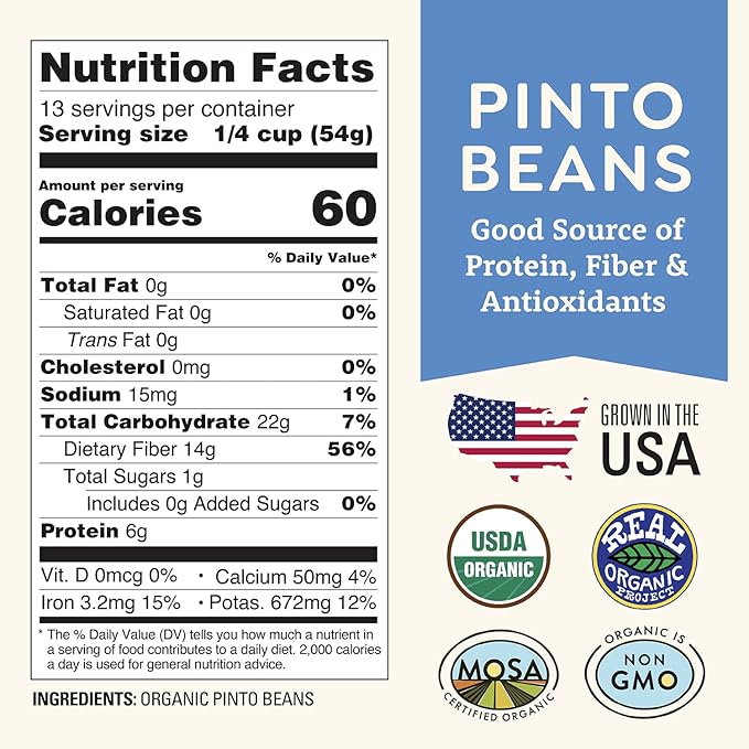 Organic Dried Pinto Beans 1 lb - Non-GMO, Tested Clean Certified, Vegan - Rich in Fiber & Protein
