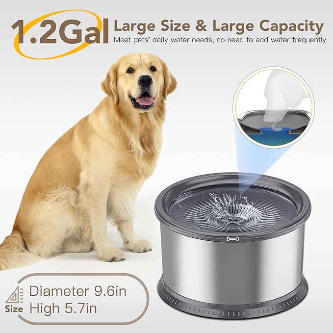 4.5L/1.2Gal Dog Water Bowl, No Spill Stainless Steel Slow Water Bowl for Medium Large Dogs, Large