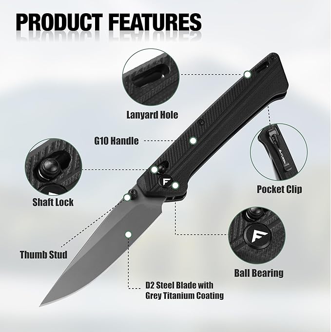 FLISSA Pocket Knife, Folding Knife with D2 Steel Blade, Shaft Lock, G10 Handle, Ball Bearing and