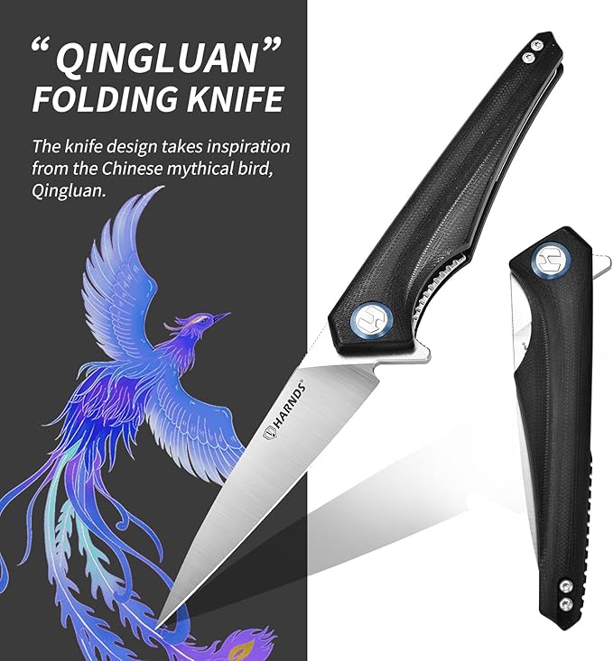 Qingluan Folding Knife with Pocket Clip, D2 Steel Blade 3.54'' and G10 Handle Outdoor Adventure