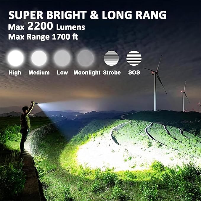 Rechargeable Flashlights 2200 High lumens, Super Bright LED Tactical Flashlight, Zoomable, IPX6