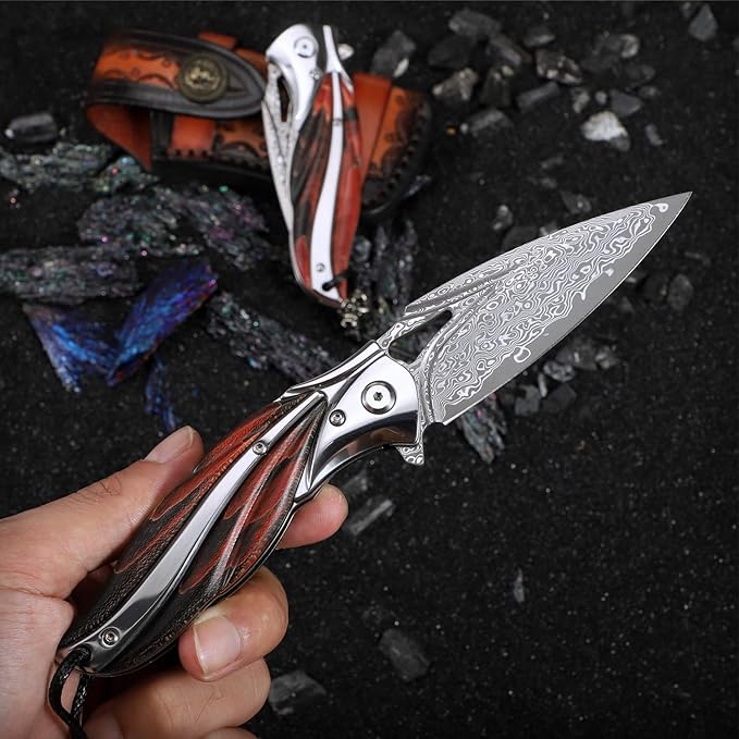 Handmade Japanese VG10 Damascus steel Folding Pocket Knife，With leather case，Liner Lock，3.1in high