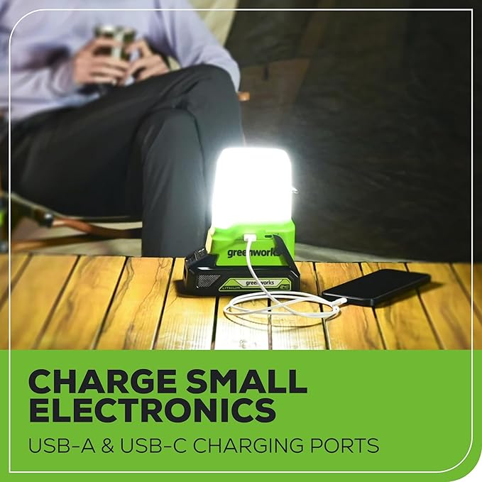 Greenworks 24V Lantern Cordless 500lm Camping Light Kit with USB-A and USB-C Port, 2Ah Battery and