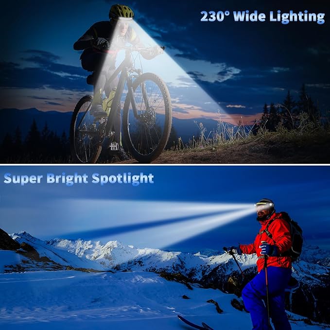 Headlamp Rechargeable 5Pack, 230° Wide Beam Head Lamp with 2 Spotlights, LED Headlamp with Motion