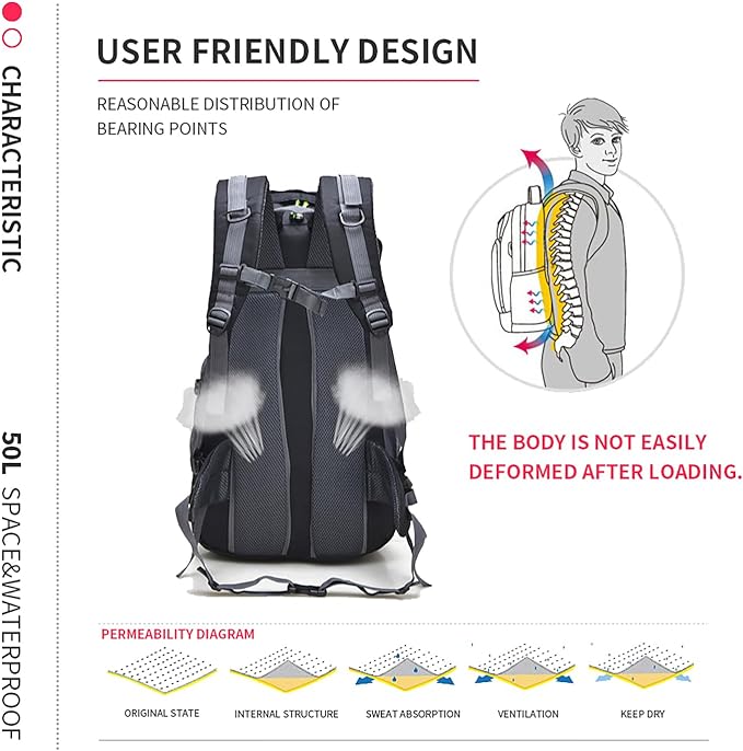 Bseash 50L Hiking Backpack, Water Resistant Lightweight Outdoor Sport Daypack Travel Bag for