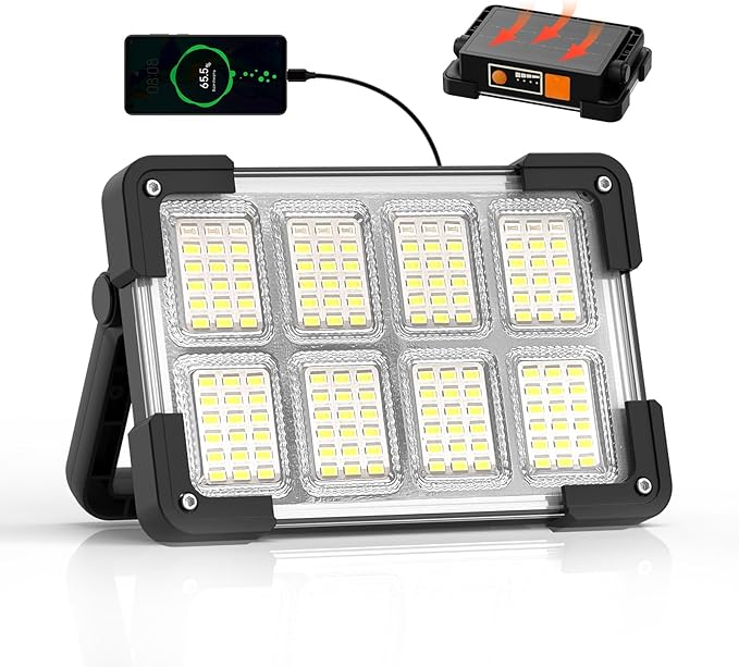 120W Solar Rechargeable Work Light, 144 LED 10000LM Led Work Light with 4 Modes, Portable Flood