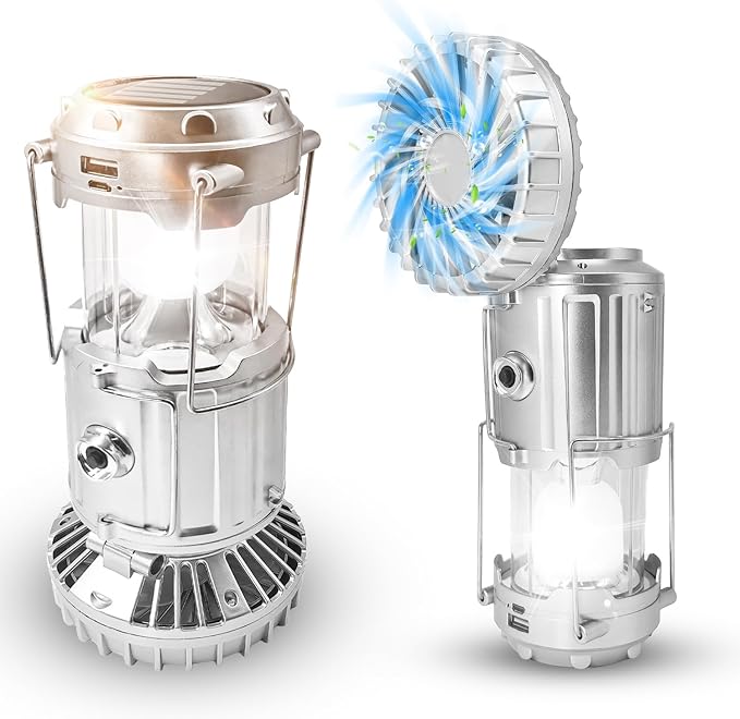 Solar Camping Lantern with Fan, Collapsible USB Rechargeable & Battery Powered Emergency Hanging