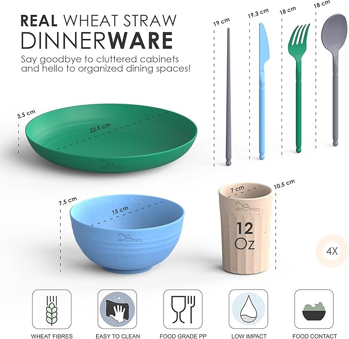 Wheatstraw Dinnerware Set for 4 - Camping Dishes & Utensils - Microwavable Plates - Alternate To