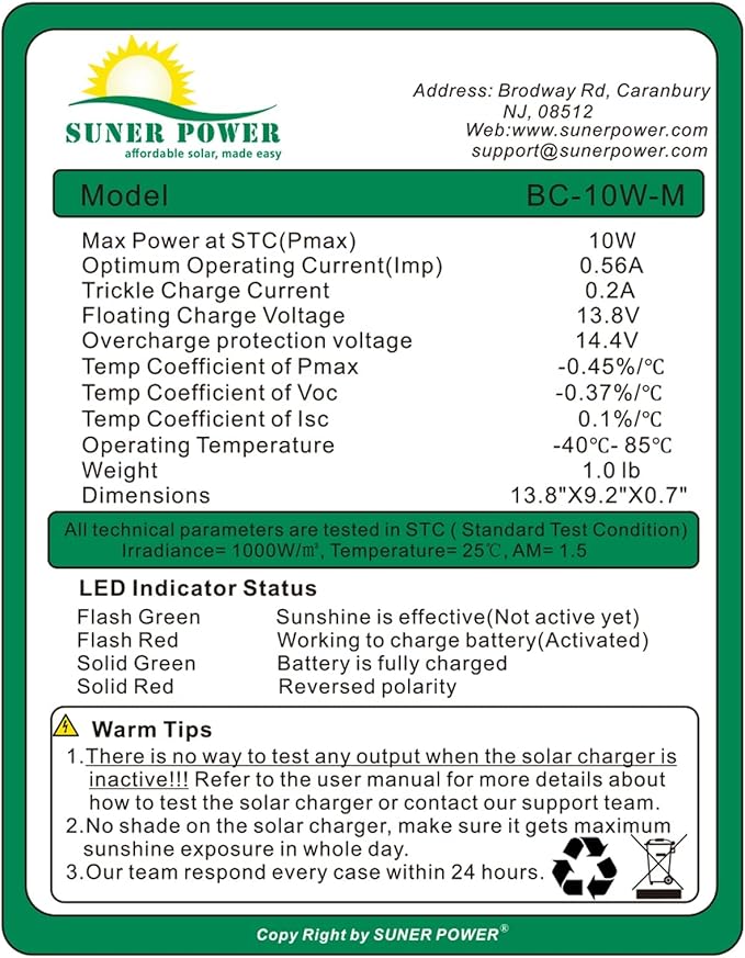 SUNER POWER 10W 12V Solar Battery Charger Maintainer, Built-in Smart MPPT Charge Controller