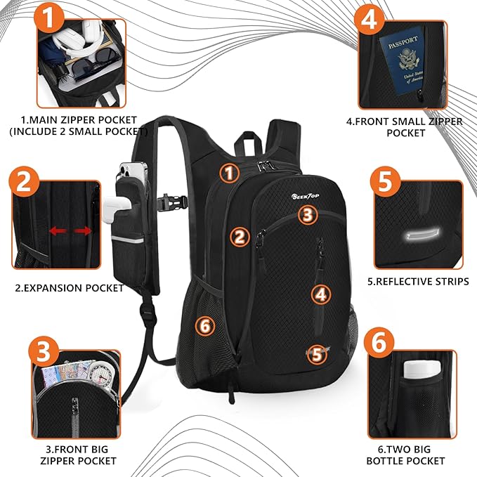Seektop Small Hiking Backpack 12L to 15L Expandable Travel Packable Waterproof Daypack Lightweight