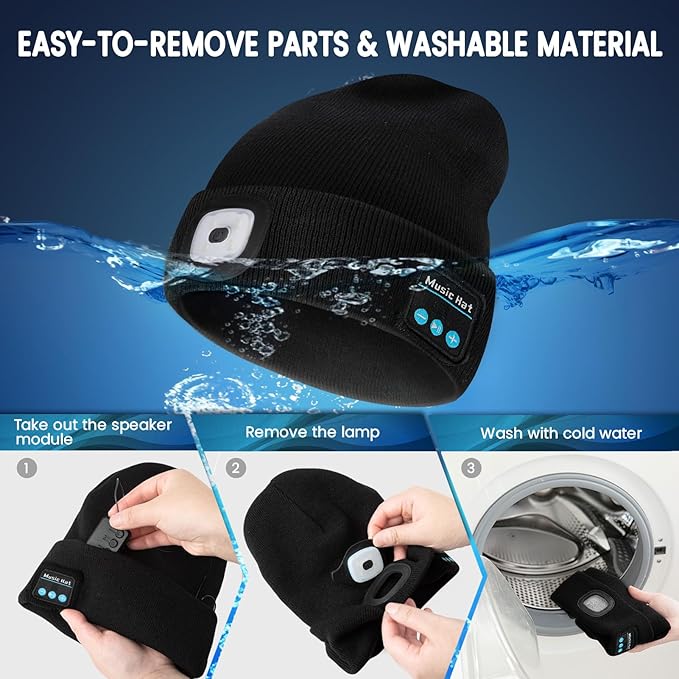 VIBELITE Bluetooth Beanie Hat with Light, USB Rechargeable LED Headlamp with Wireless Headphones