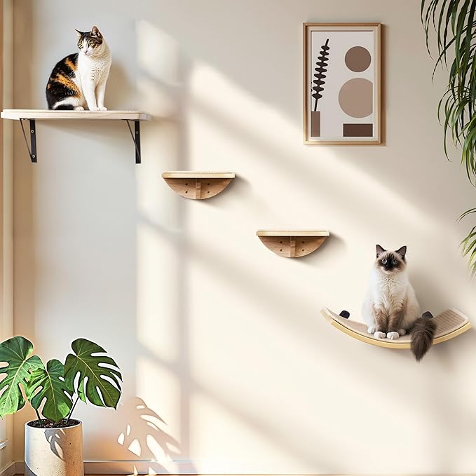 Cat Wall Shelves with Sisal Pads, 4-Piece Wooden Cats Furniture Set with Cat Window Perch, Flat