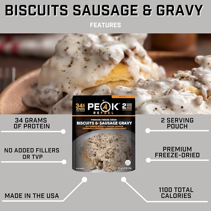 Peak Refuel Biscuits & Sausage Gravy | Freeze Dried Backpacking, Camping & Emergency Prep Food | 2