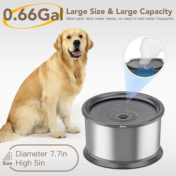 2.5L/0.6Gal Dog Water Bowl, No Spill Stainless Steel Slow Water Bowl for Medium Large Dogs, Large